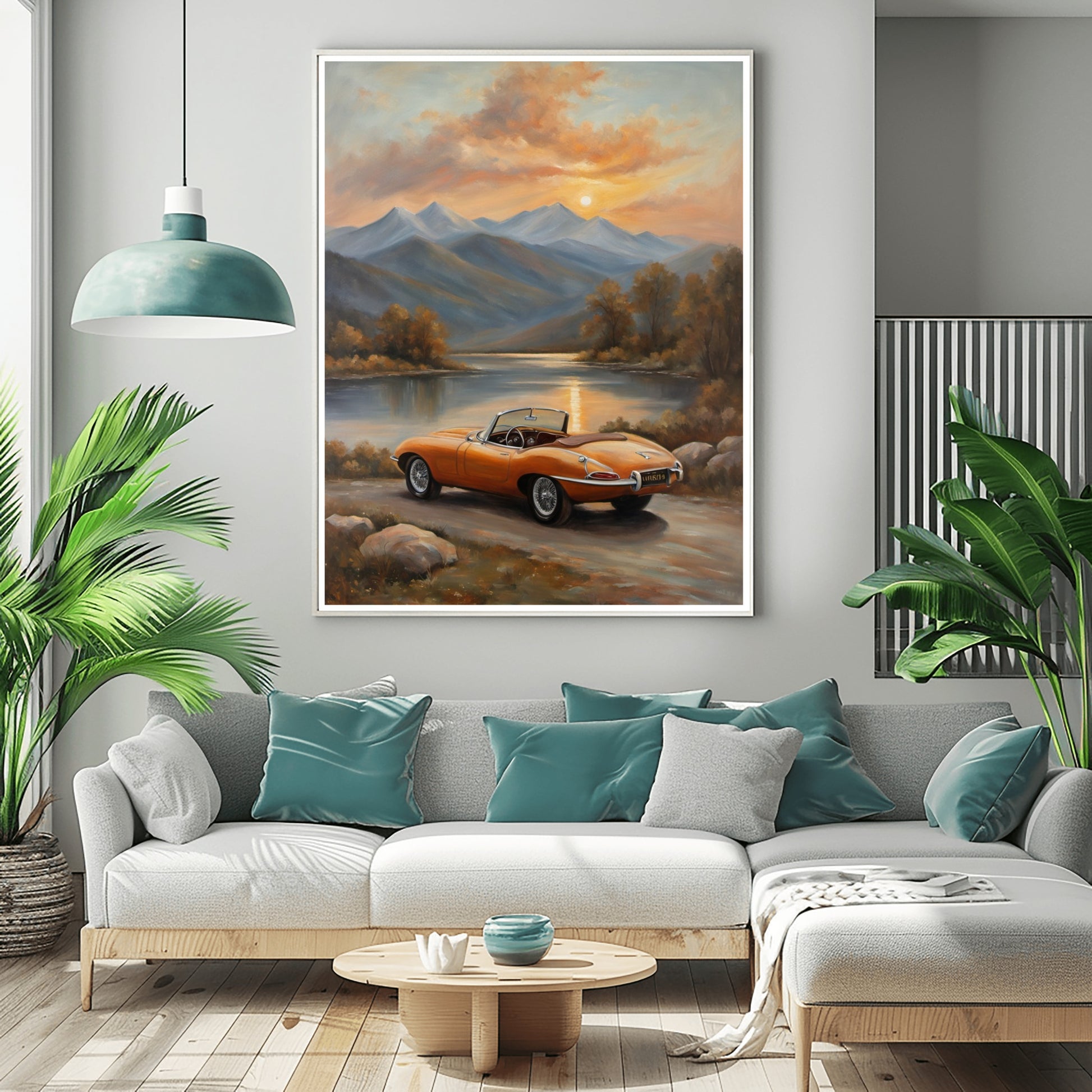 AquilVision lakeside sunset wall art featuring an orange vintage car by a peaceful lake and mountains in a modern living room