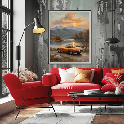AquilVision digital lakeside sunset wall art featuring a vintage car by a lake with mountains in the background