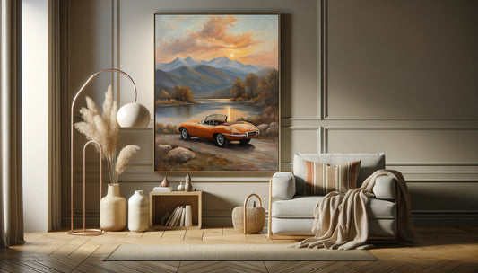 AquilVision digital lakeside sunset wall art featuring a vintage orange car by the lake with mountains in the background