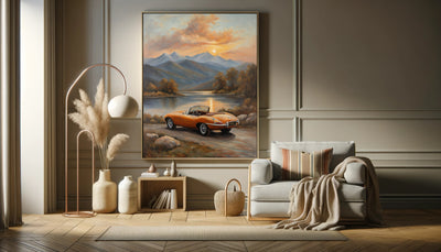 AquilVision digital lakeside sunset wall art featuring a vintage orange car by the lake with mountains in the background