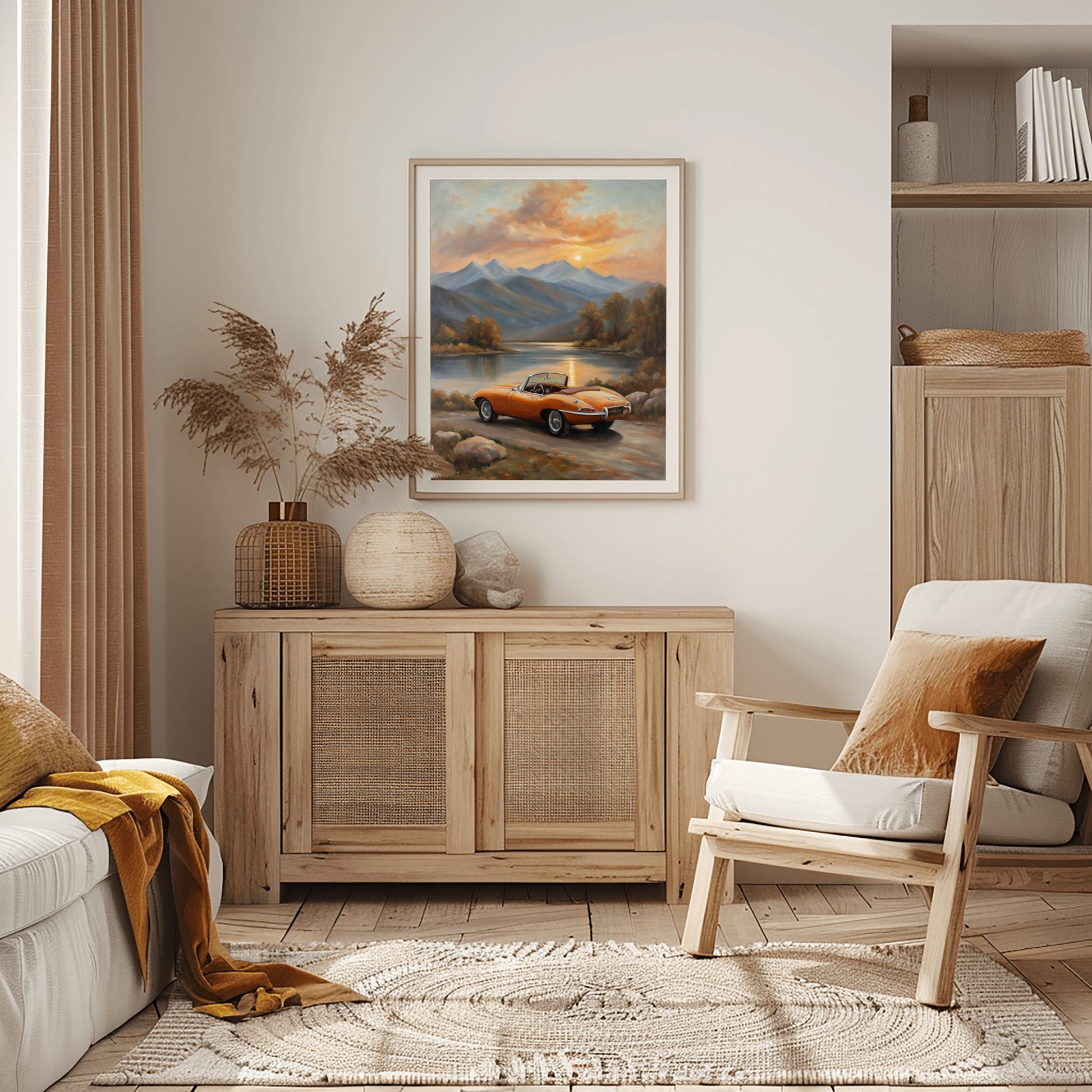 Lakeside sunset wall art featuring a vintage orange car parked by a lake with mountains in the background