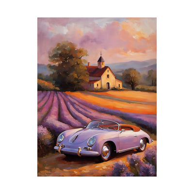 Lavender field car poster featuring a classic convertible in a scenic lavender landscape