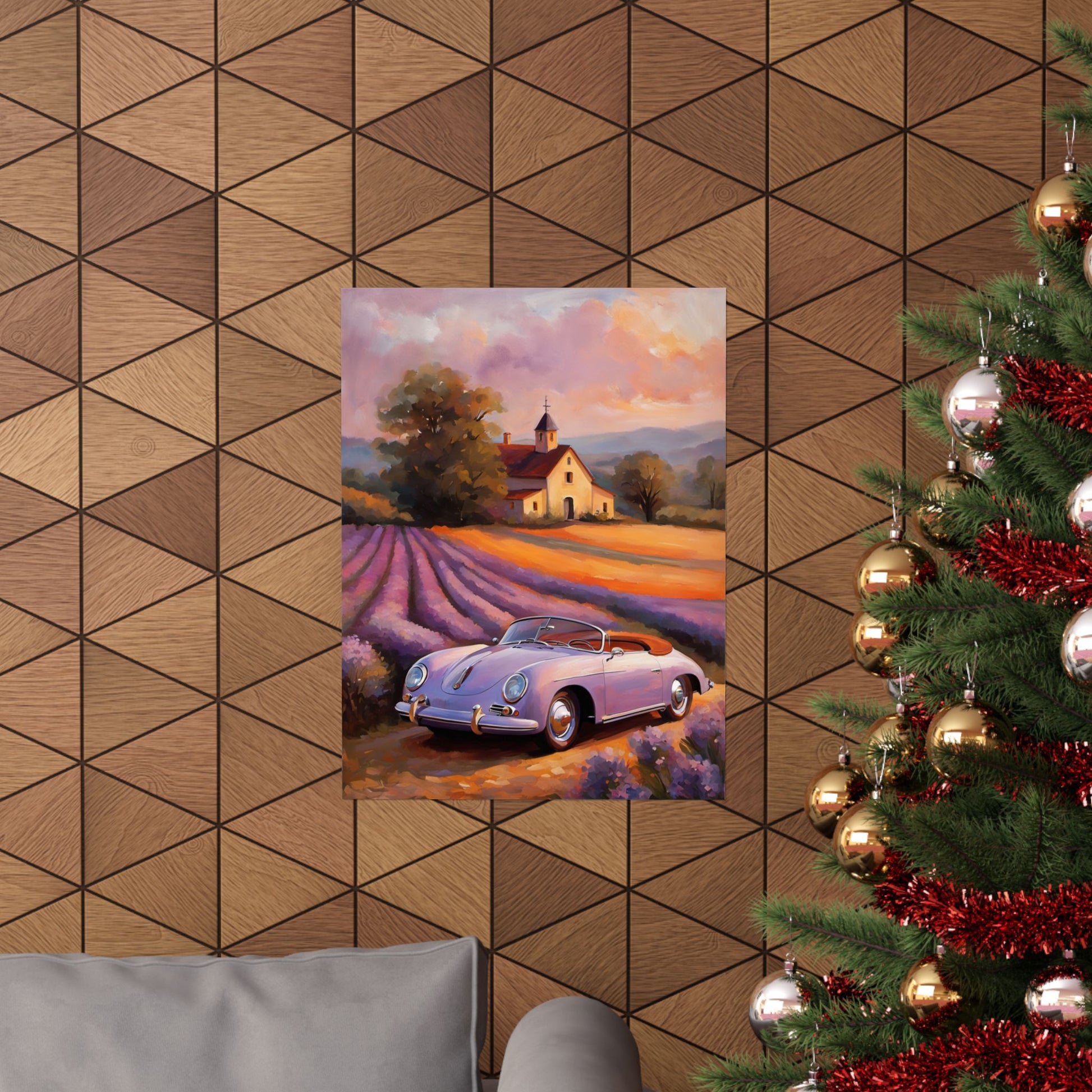 Lavender field car poster showcasing a vintage car near a colorful lavender field and farmhouse