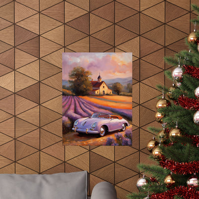 Lavender field car poster showcasing a vintage car near a colorful lavender field and farmhouse