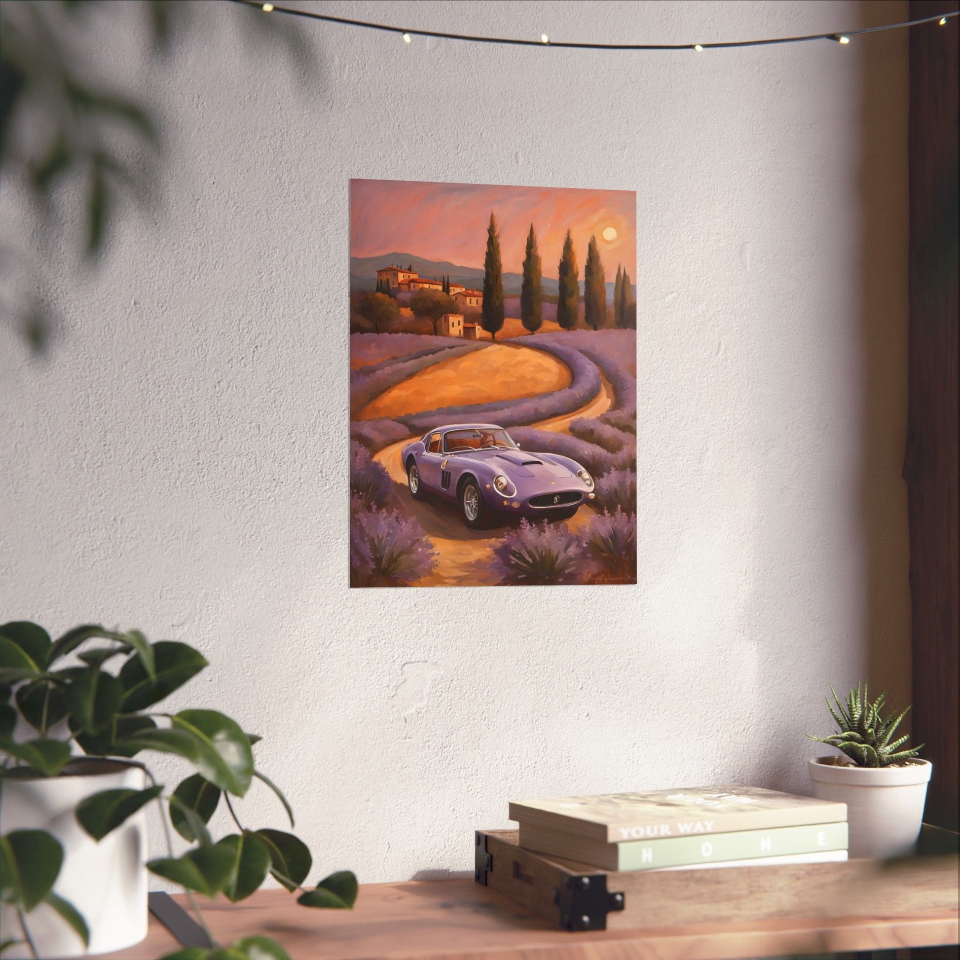 Lavender Landscape Car Poster featuring a vintage car on a scenic lavender field backdrop