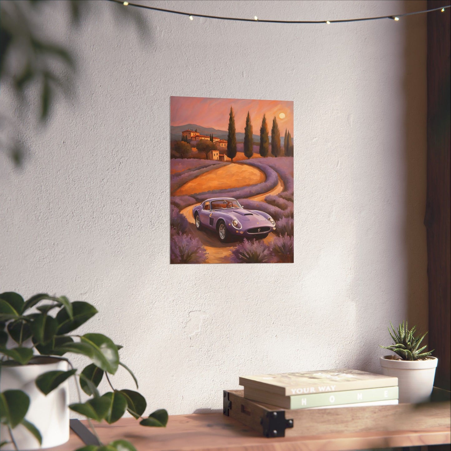 Lavender Landscape Car Poster featuring a vintage car on a scenic lavender road
