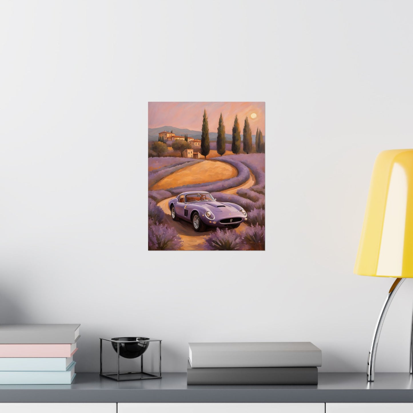 Lavender Landscape Car Poster featuring a vintage car driving through a scenic lavender field
