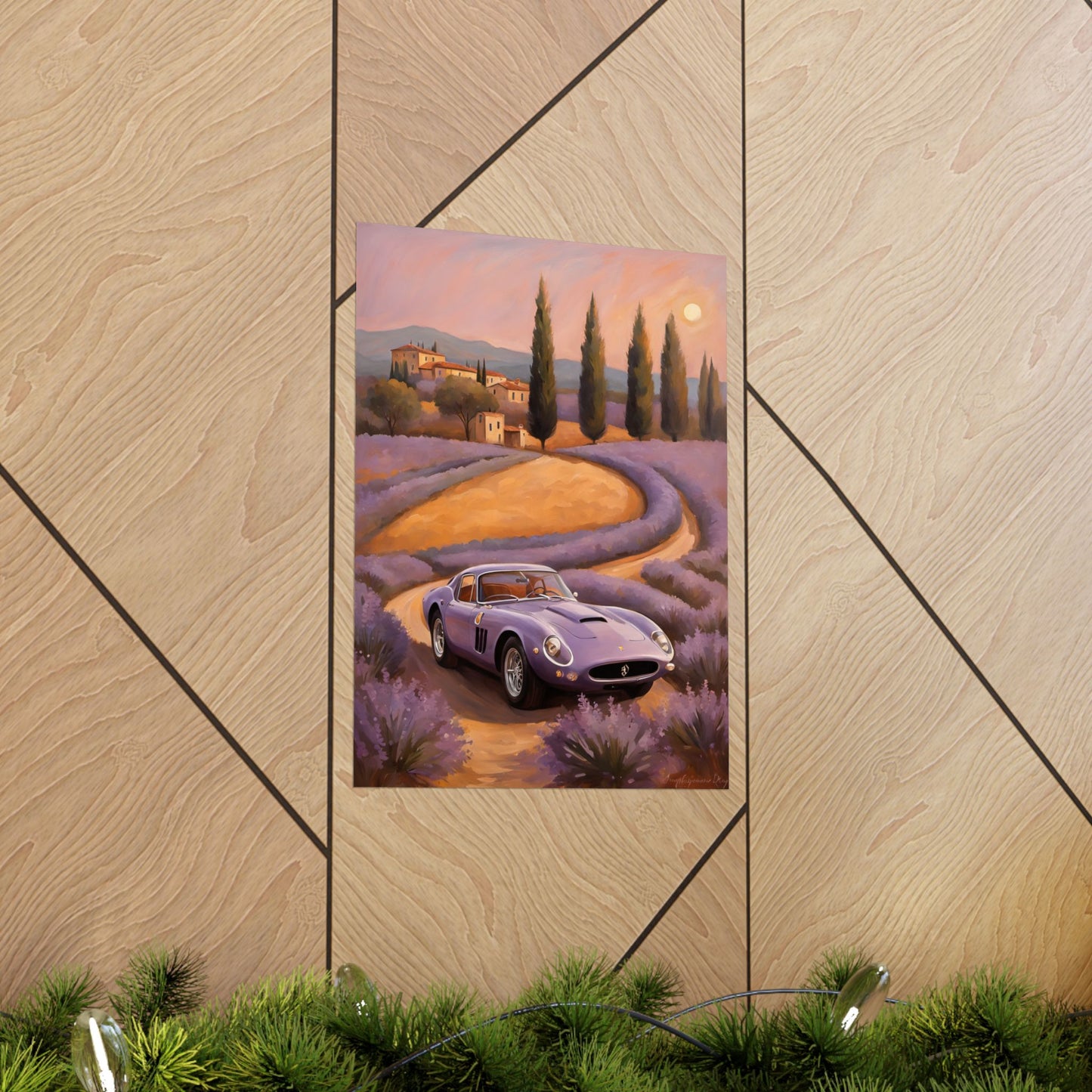 Lavender Landscape Car Poster featuring a old car driving through lavender fields at sunset