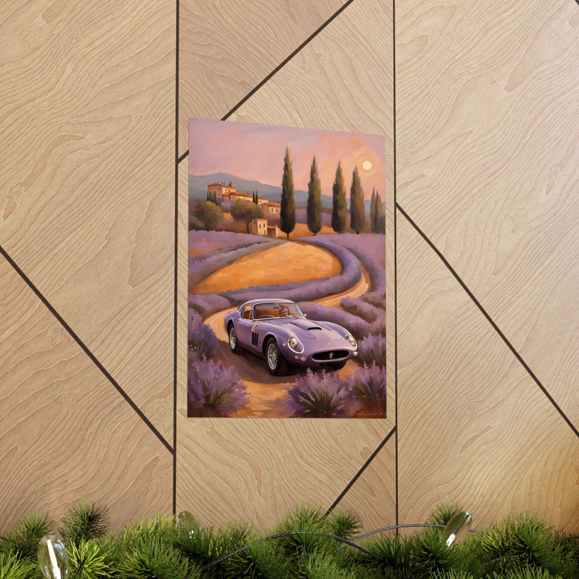Lavender Landscape Car Poster featuring a old car driving through lavender fields at sunset
