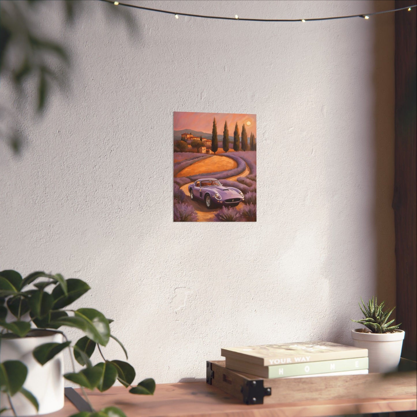 Lavender Landscape Car Poster featuring a vintage car on a winding road with a sunset backdrop