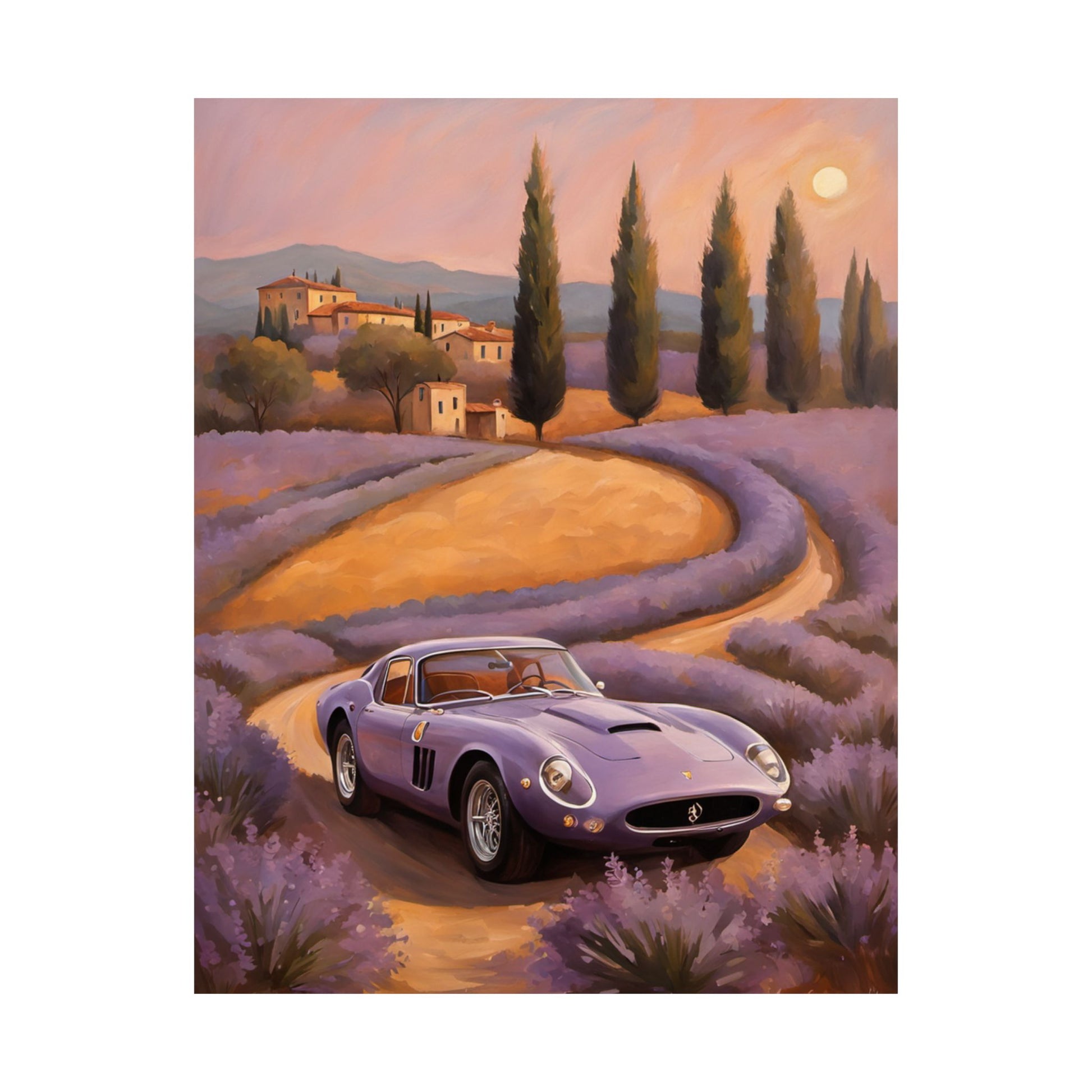 Lavender Landscape Car Poster featuring a vintage purple sports car in a scenic lavender field