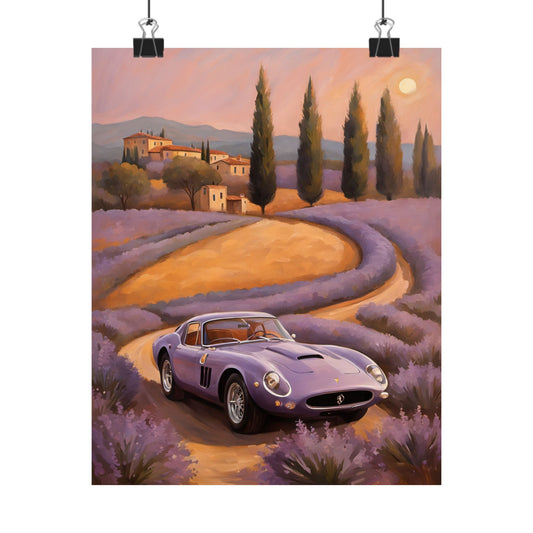 Lavender Landscape Car Poster featuring a purple sports car amidst lavender fields at sunset