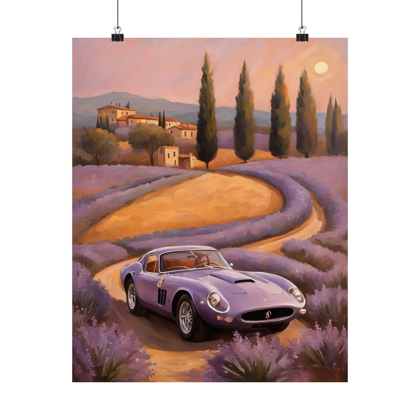 Lavender Landscape Car Poster featuring a purple sports car on a winding road surrounded by lavender fields