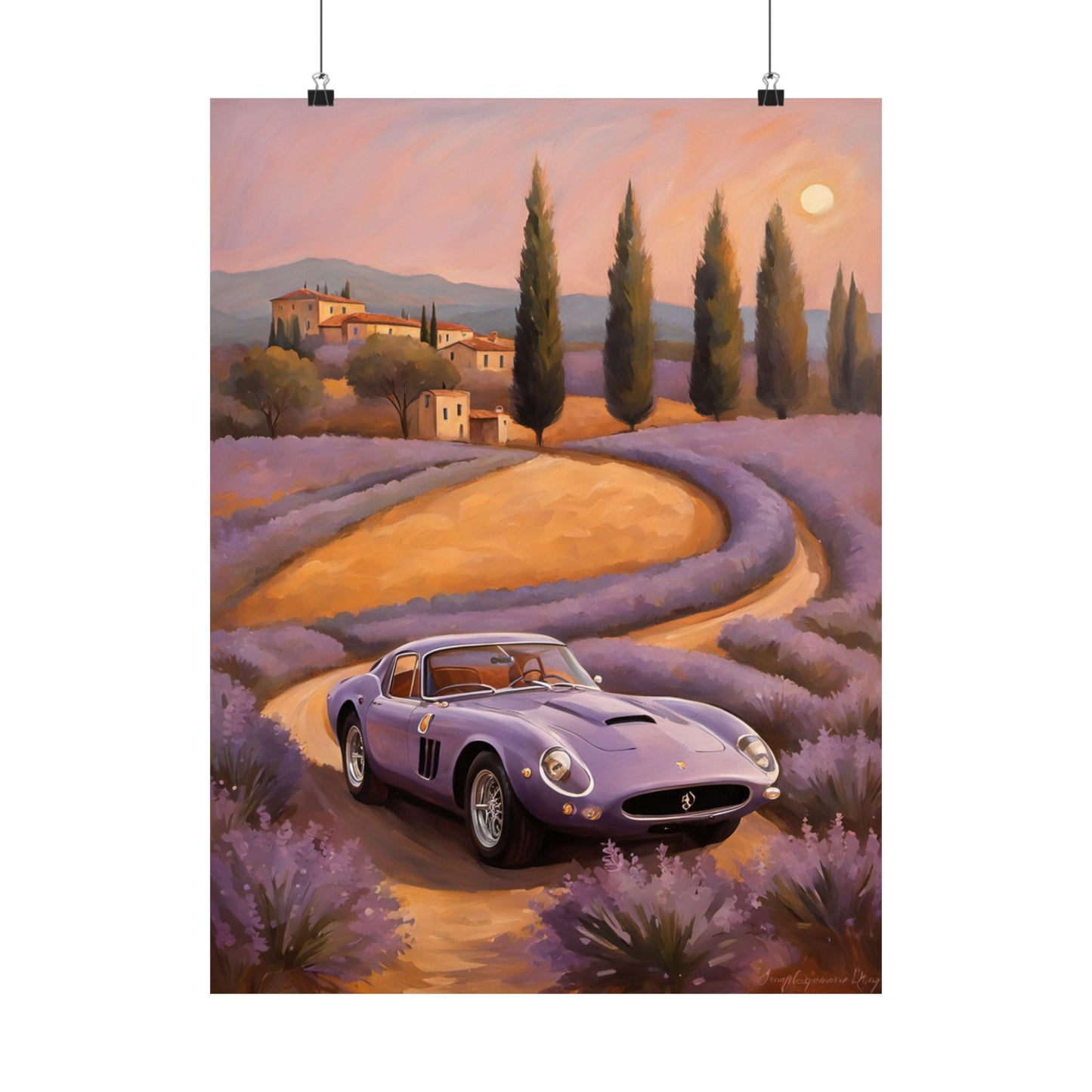 Lavender Landscape Car Poster featuring a vintage car driving through lavender fields at sunset