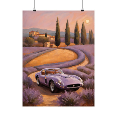 Lavender Landscape Car Poster featuring a vintage car driving through lavender fields at sunset