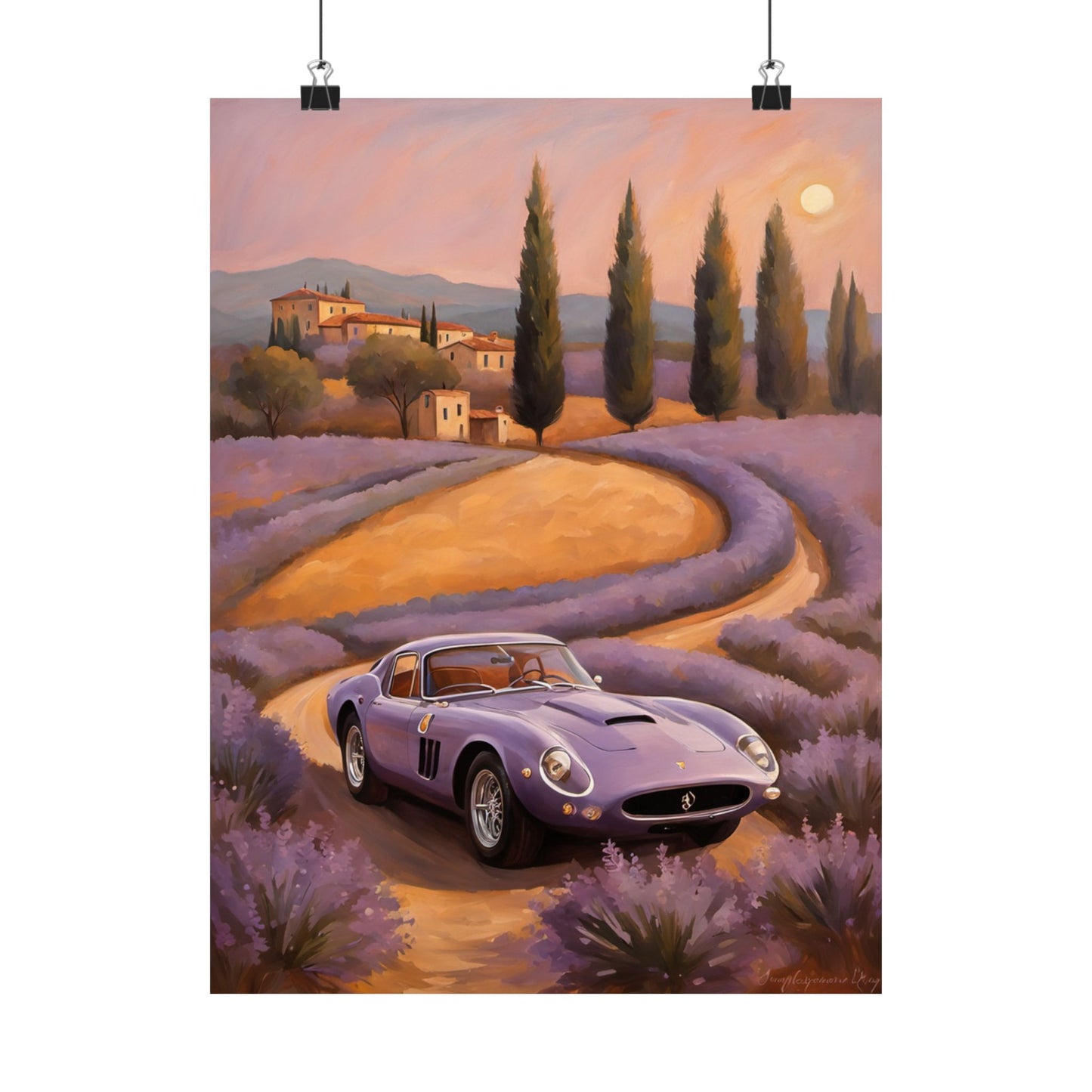 Lavender Landscape Car Poster featuring a vintage purple sports car among lavender fields at sunset