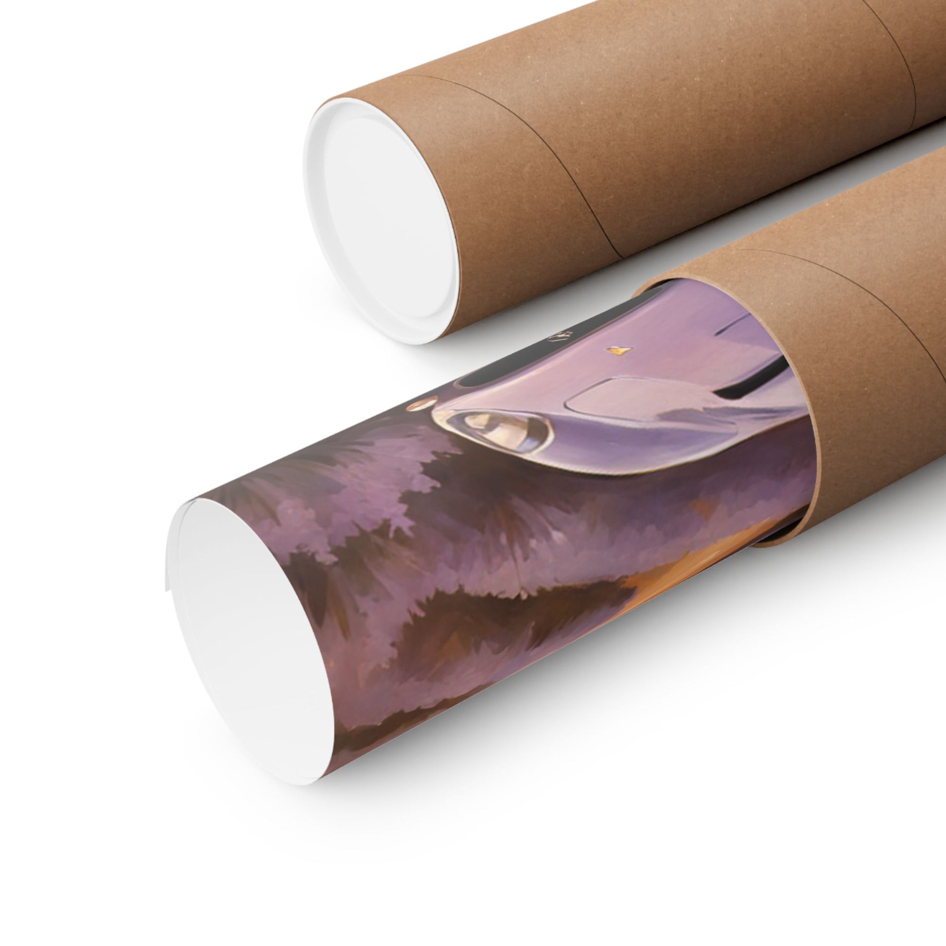 Lavender Landscape Car Poster rolled and packaged in a brown cardboard tube for easy storage and transport