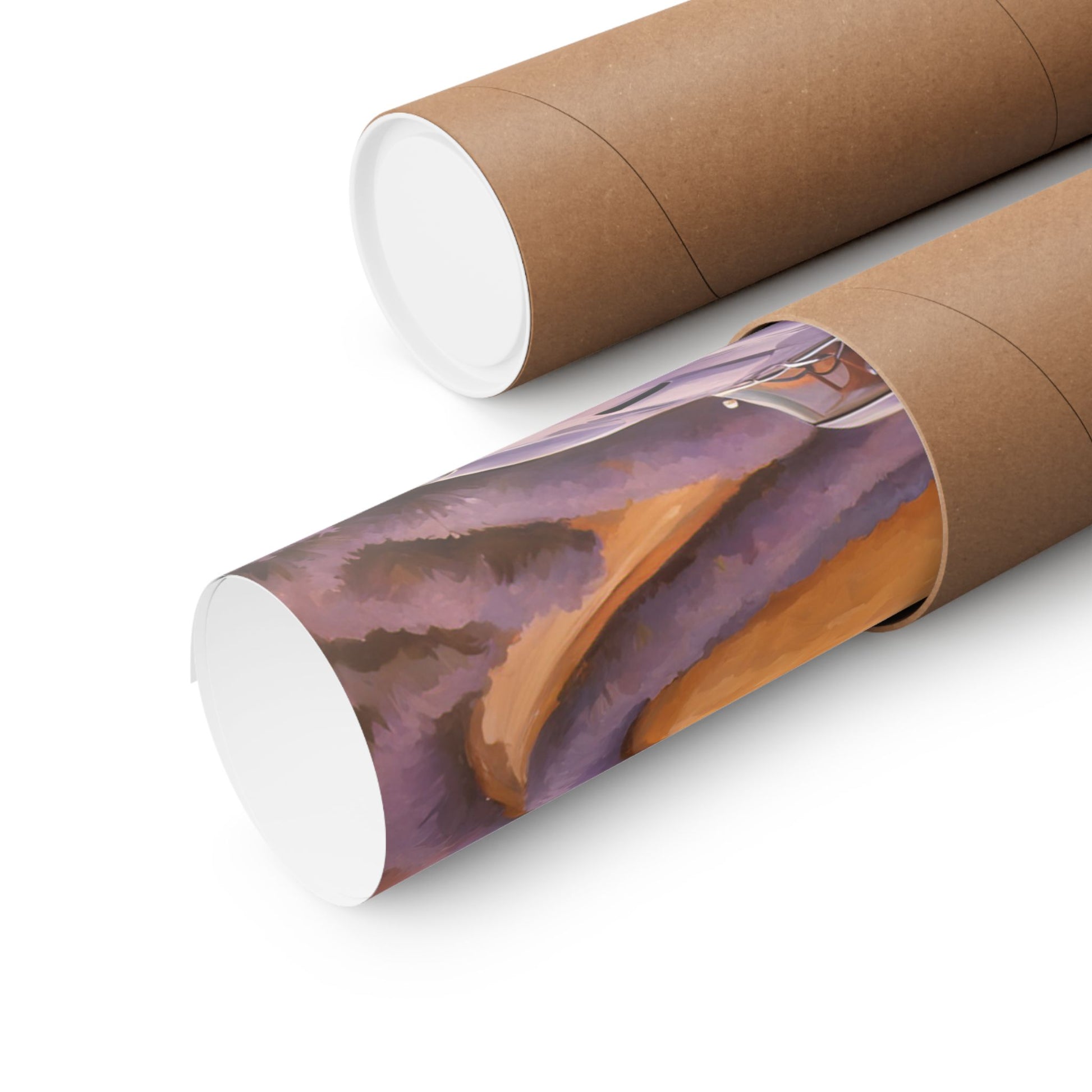 Lavender Landscape Car Poster rolled in protective tube for easy storage and transport
