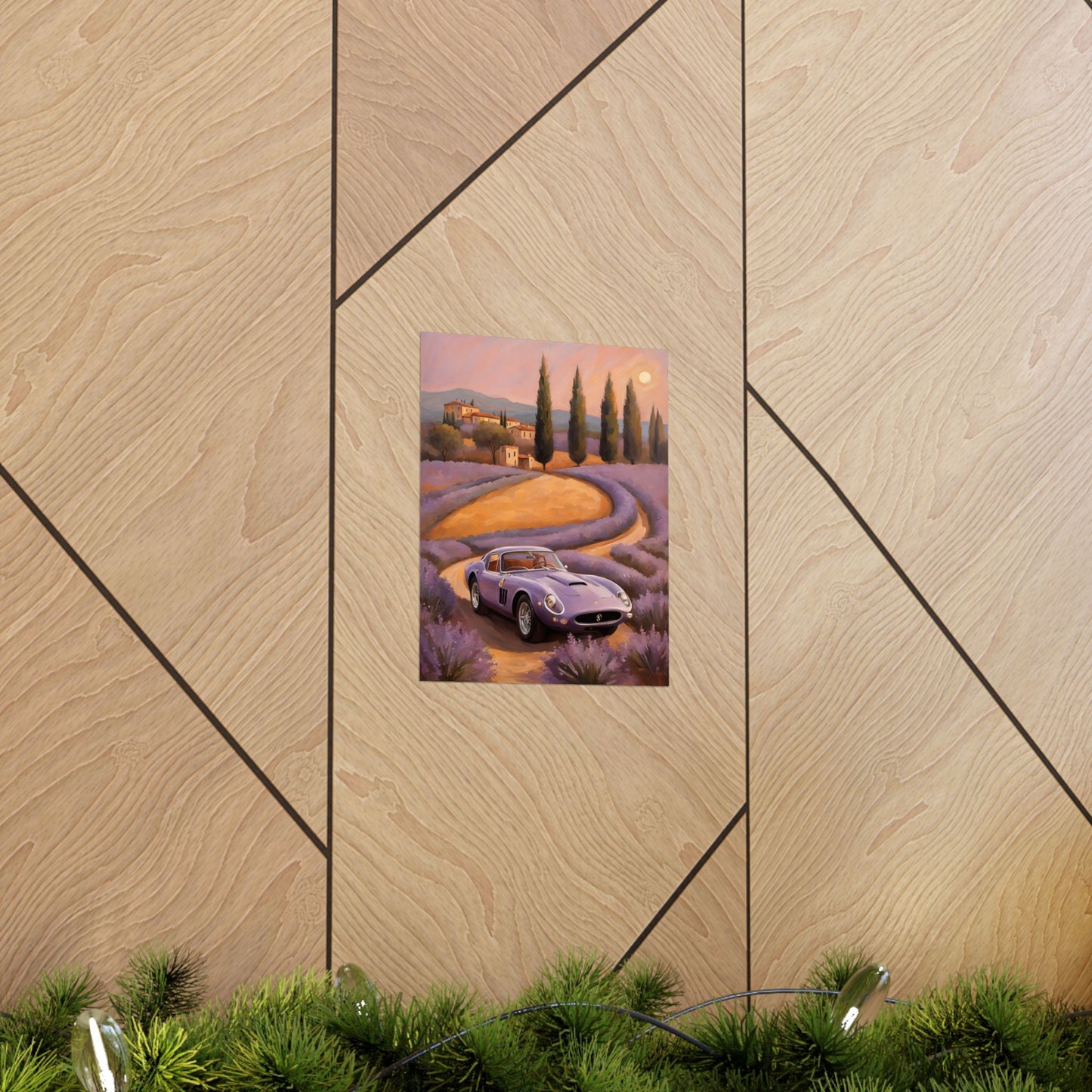 Lavender Landscape Car Poster featuring a scenic winding road and classic car in a vibrant lavender field