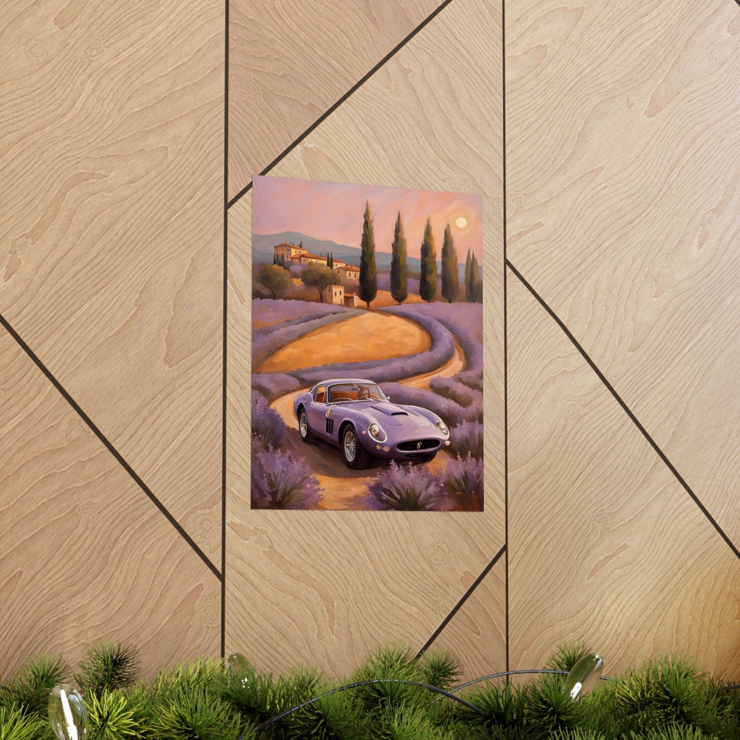 Lavender Landscape Car Poster featuring a classic car in a scenic lavender field scene