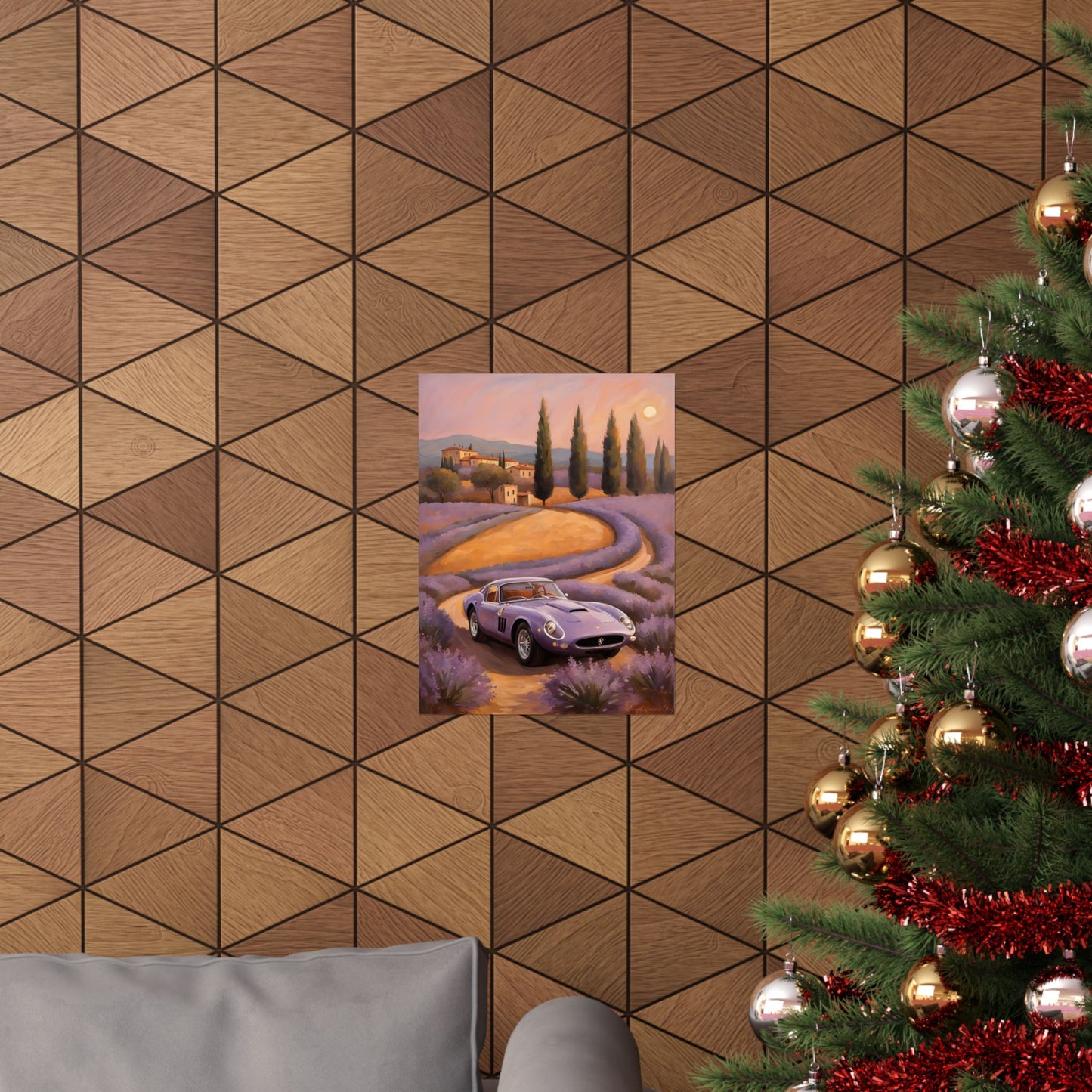 Lavender Landscape Car Poster featuring a classic car against lavender fields and a sunset backdrop