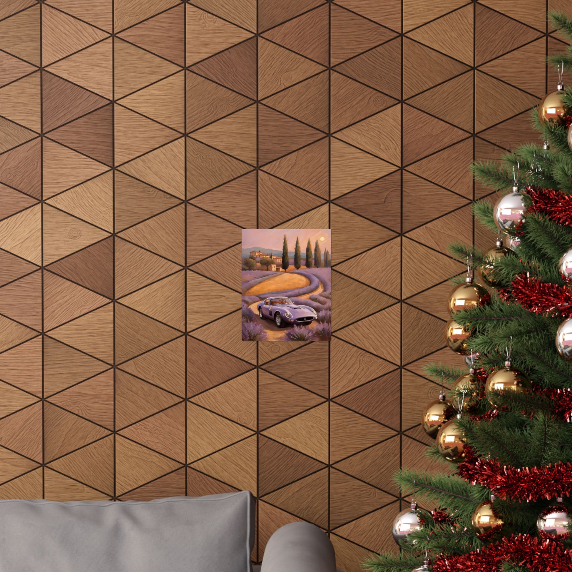 Lavender Landscape Car Poster displayed on a textured wooden wall near a decorated Christmas tree