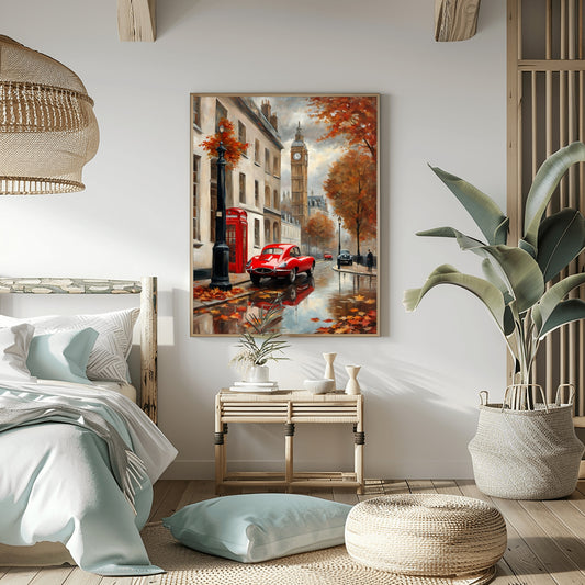 Cozy bedroom featuring a London street scene canvas by AquilVision with autumn colors and vintage car
