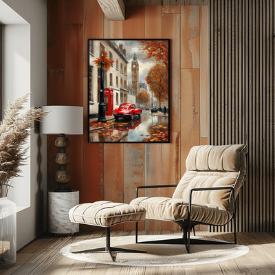AquilVision London street scene canvas featuring a rainy autumn day with red car and phone booth in modern living room