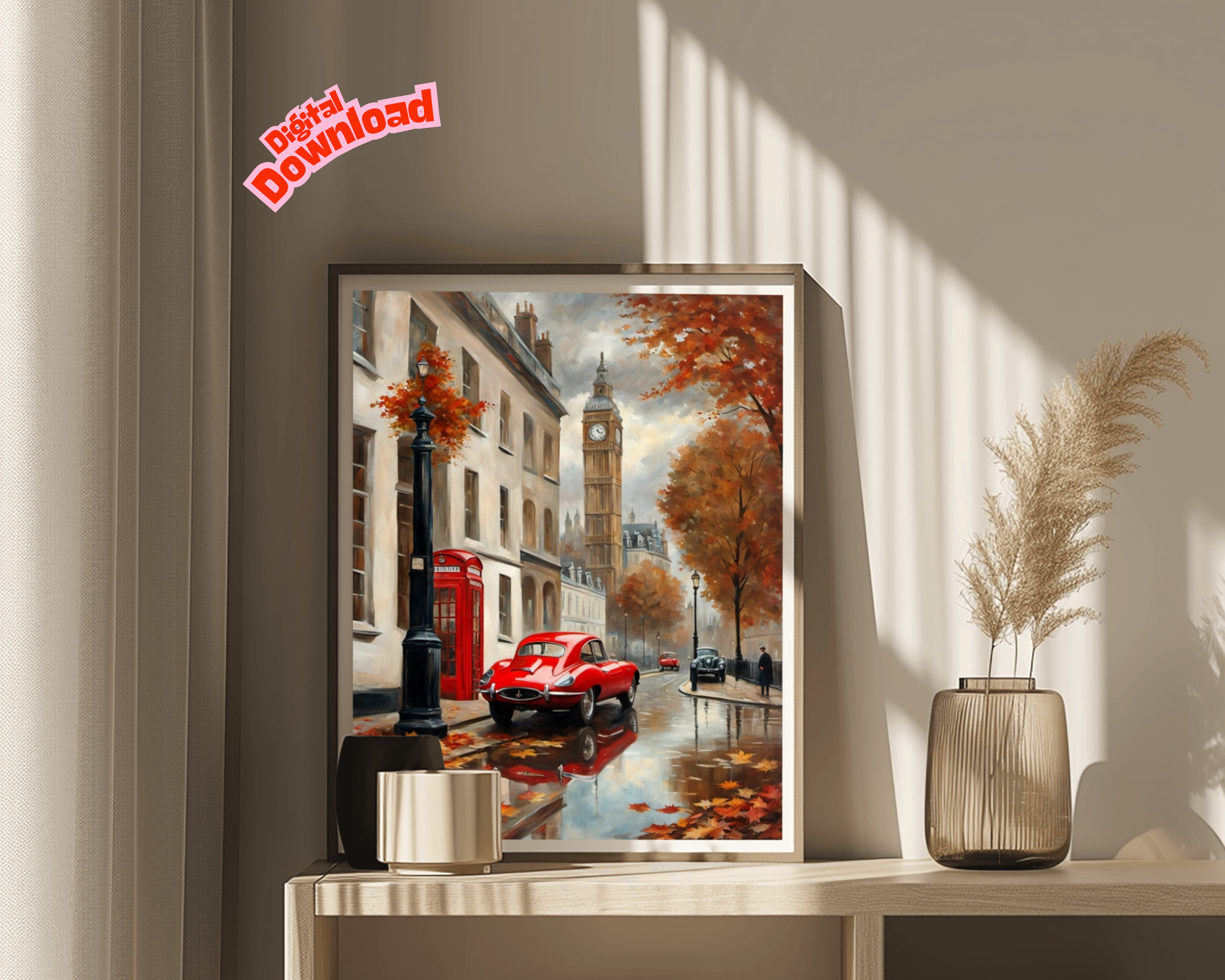 London street scene canvas digital download featuring autumn colors and classic red car by AquilVision