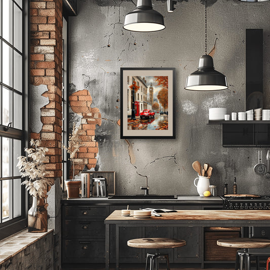 London street scene canvas framed artwork hanging on kitchen wall with industrial decor and black cabinetry