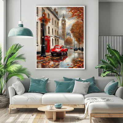 AquilVision London street scene canvas featuring autumn colors with red car and Big Ben wall art in modern living room
