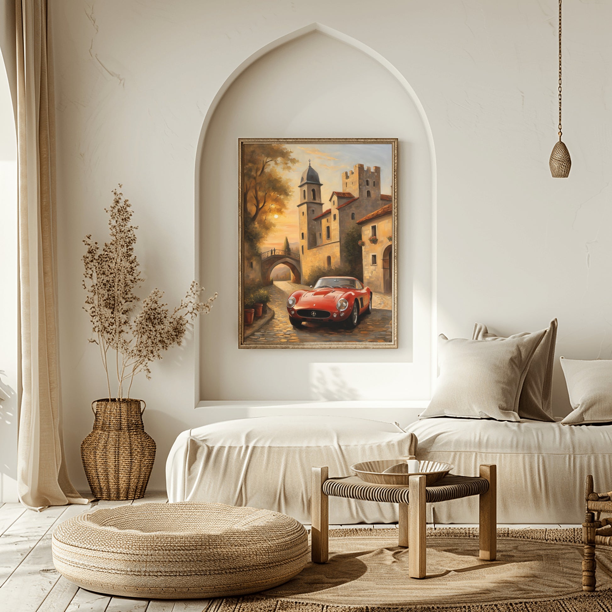 Luxury vintage art print of a classic red sports car in a European village displayed in a cozy modern living room