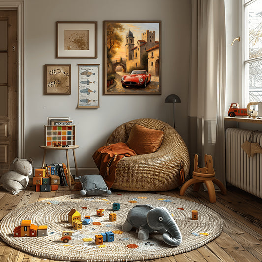 Luxury vintage art print featuring a classic red car in an old European village hanging in a cozy children's playroom