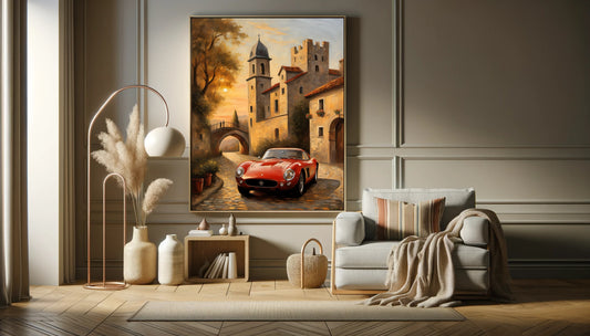 Luxury vintage art print of a classic red car in an old European village displayed in stylish modern living room
