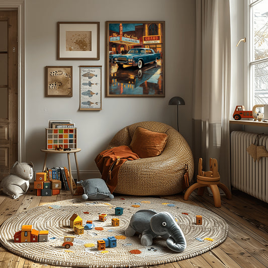 Cozy children's room featuring a mid-century theater entrance art print by AquilVision above a wicker chair and wooden toys