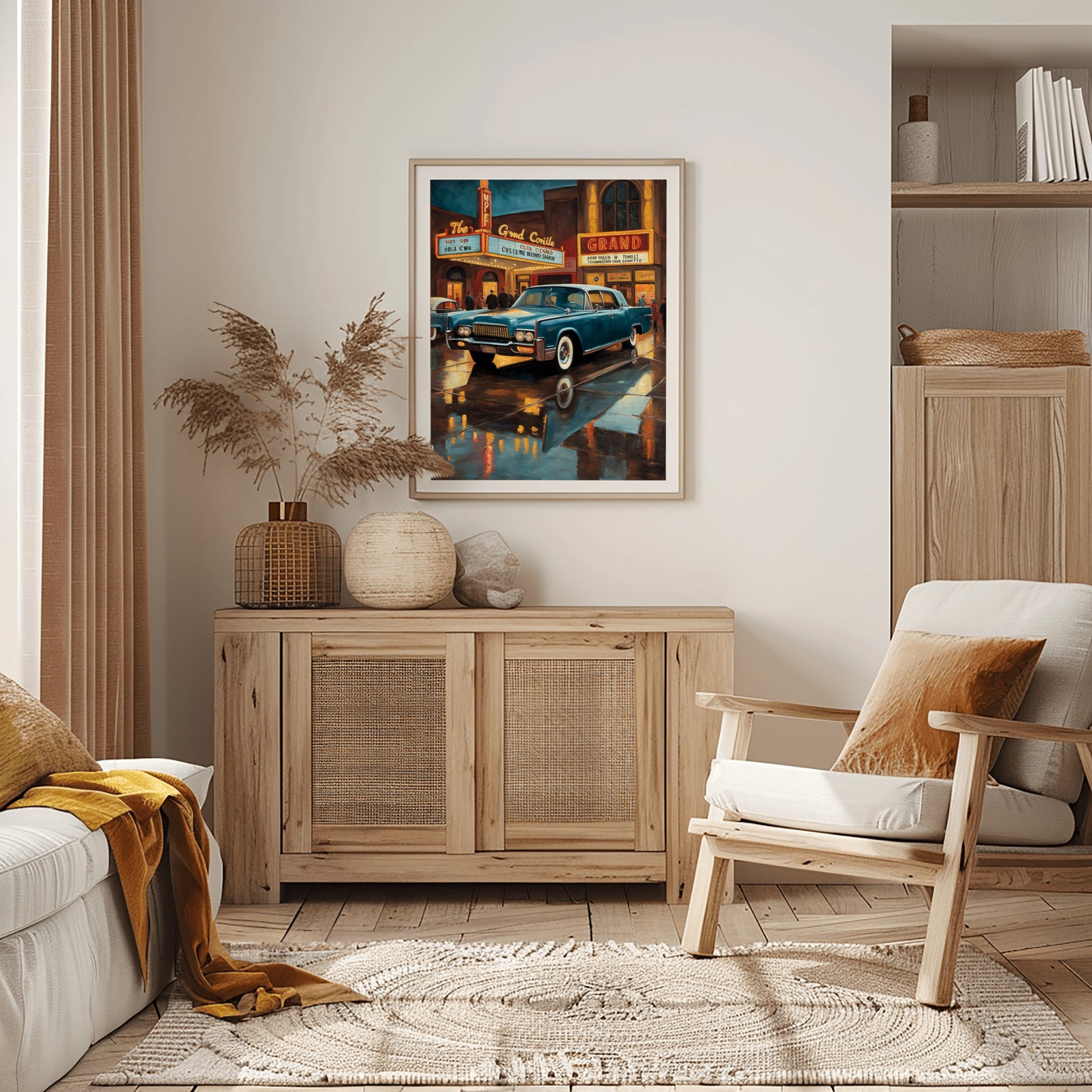 Mid-century theater entrance art featuring vintage car and theater signs in framed print on living room wall