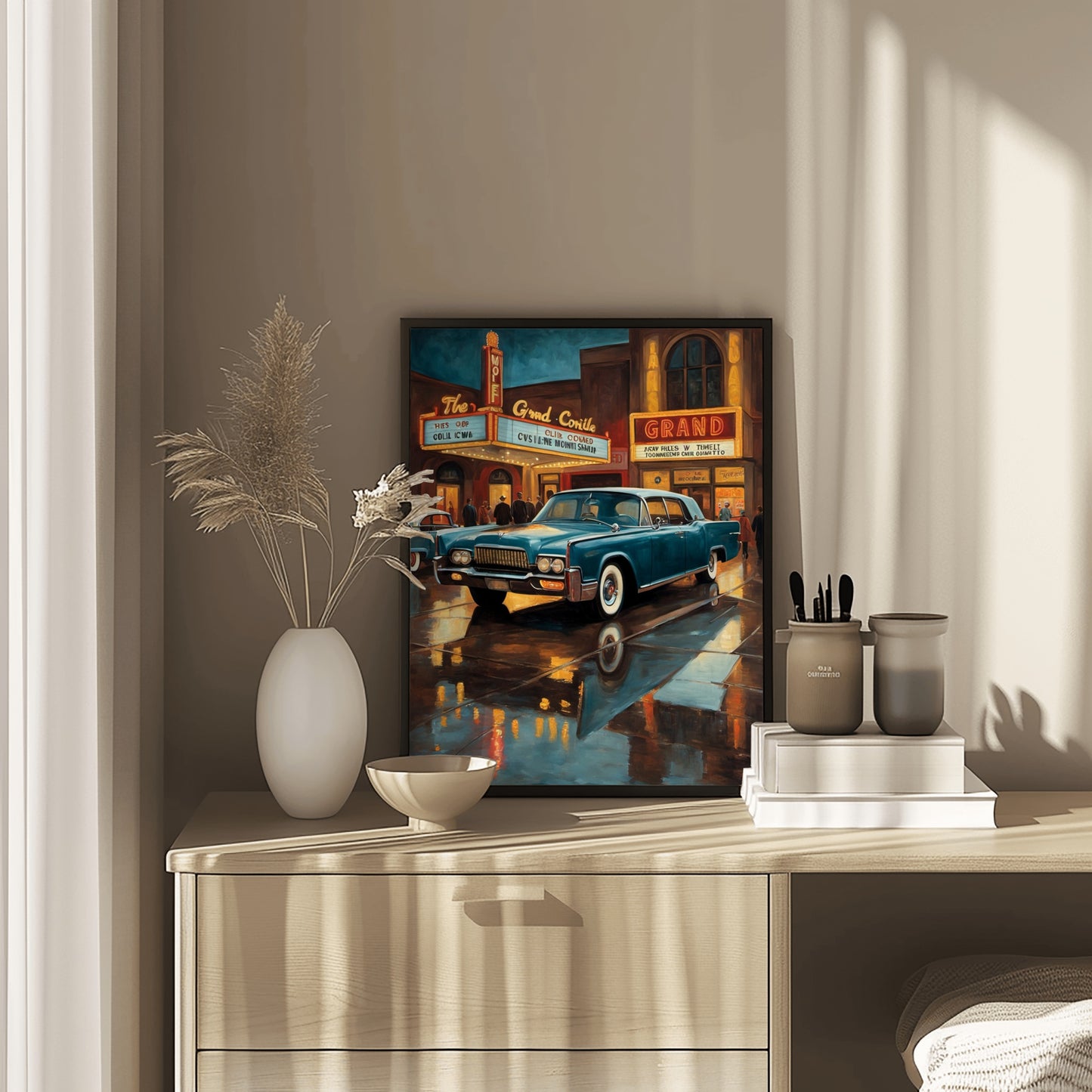 Mid-century theater entrance art digital print by AquilVision displayed on a modern wooden dresser