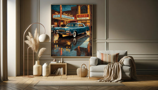 Mid-century theater entrance art digital print by AquilVision displayed above sofa in elegant living room