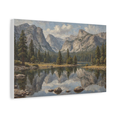 A serene oil painting of Mirror Lake in Yosemite National Park, showing the clear reflection of towering granite mountains and a dense evergreen forest in the calm lake water under a bright sky.
