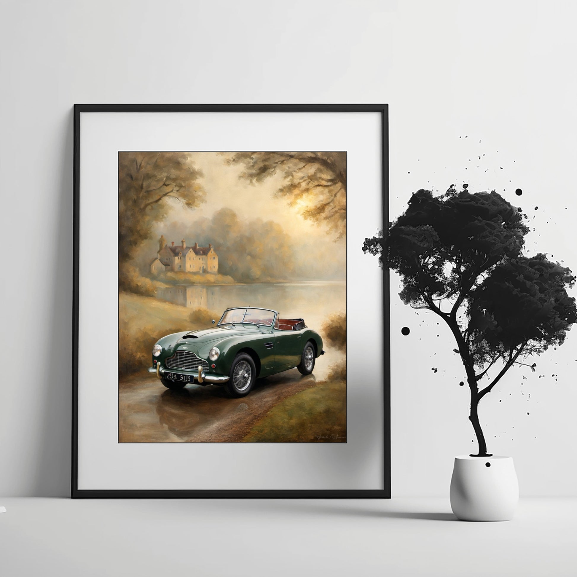 Misty lakeside vintage car print featuring a classic green convertible near a foggy lake and historic house