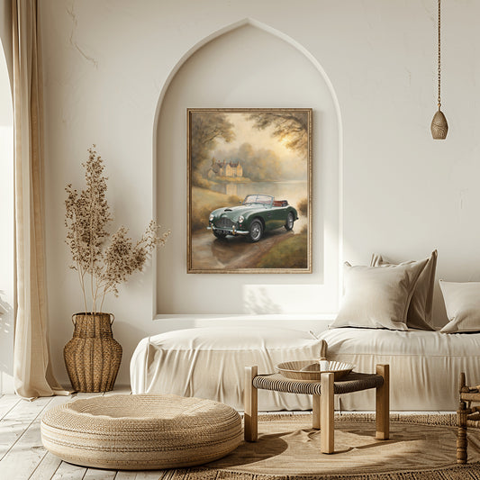 Misty lakeside vintage car print by AquilVision hanging in a cozy neutral-toned living room