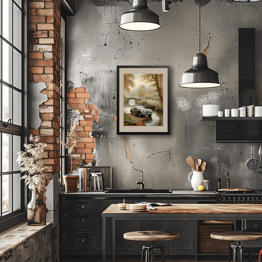 Misty riverside art print by AquilVision hanging in industrial kitchen with exposed brick and modern lighting