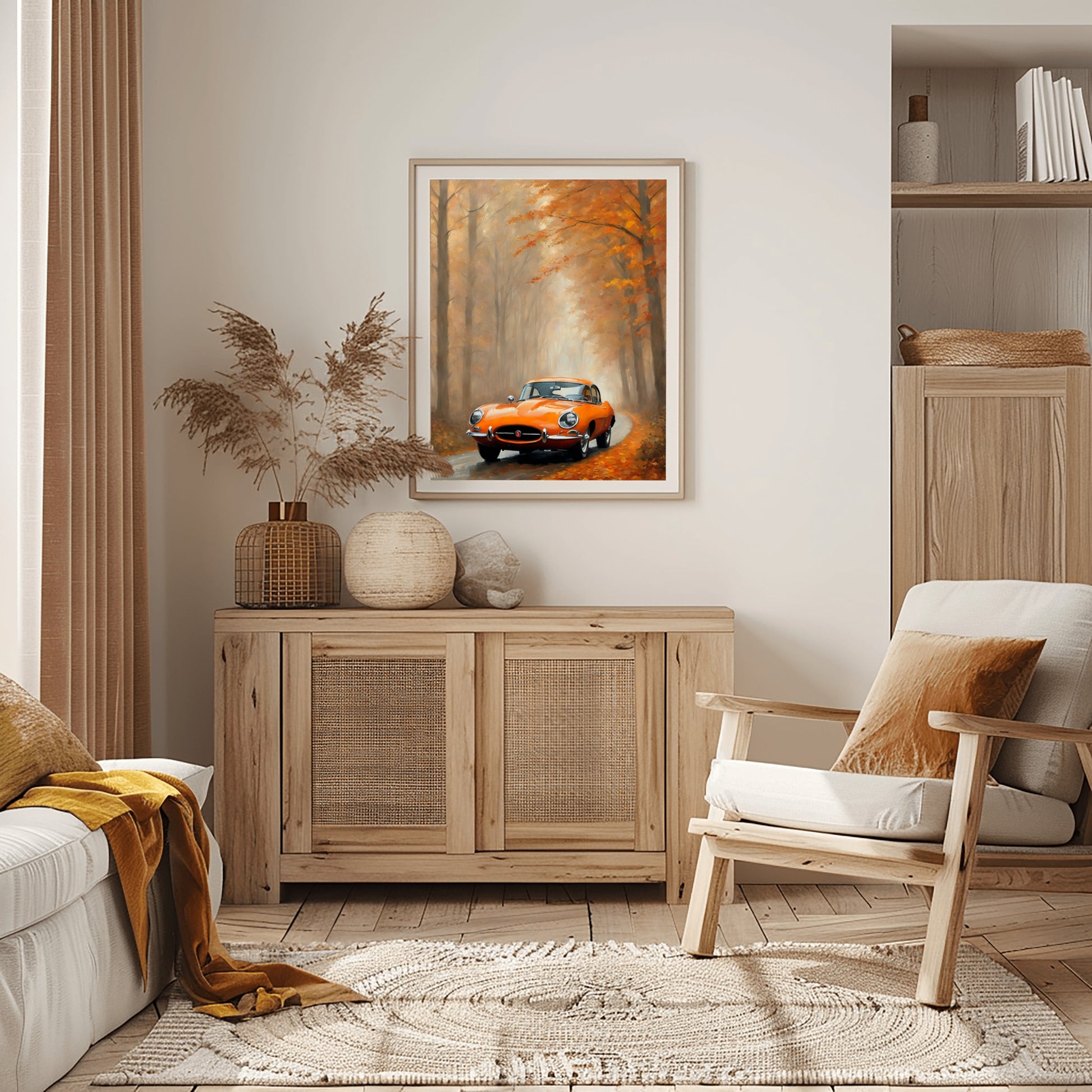 Misty road landscape artwork featuring a vintage orange car in autumn forest by AquilVision