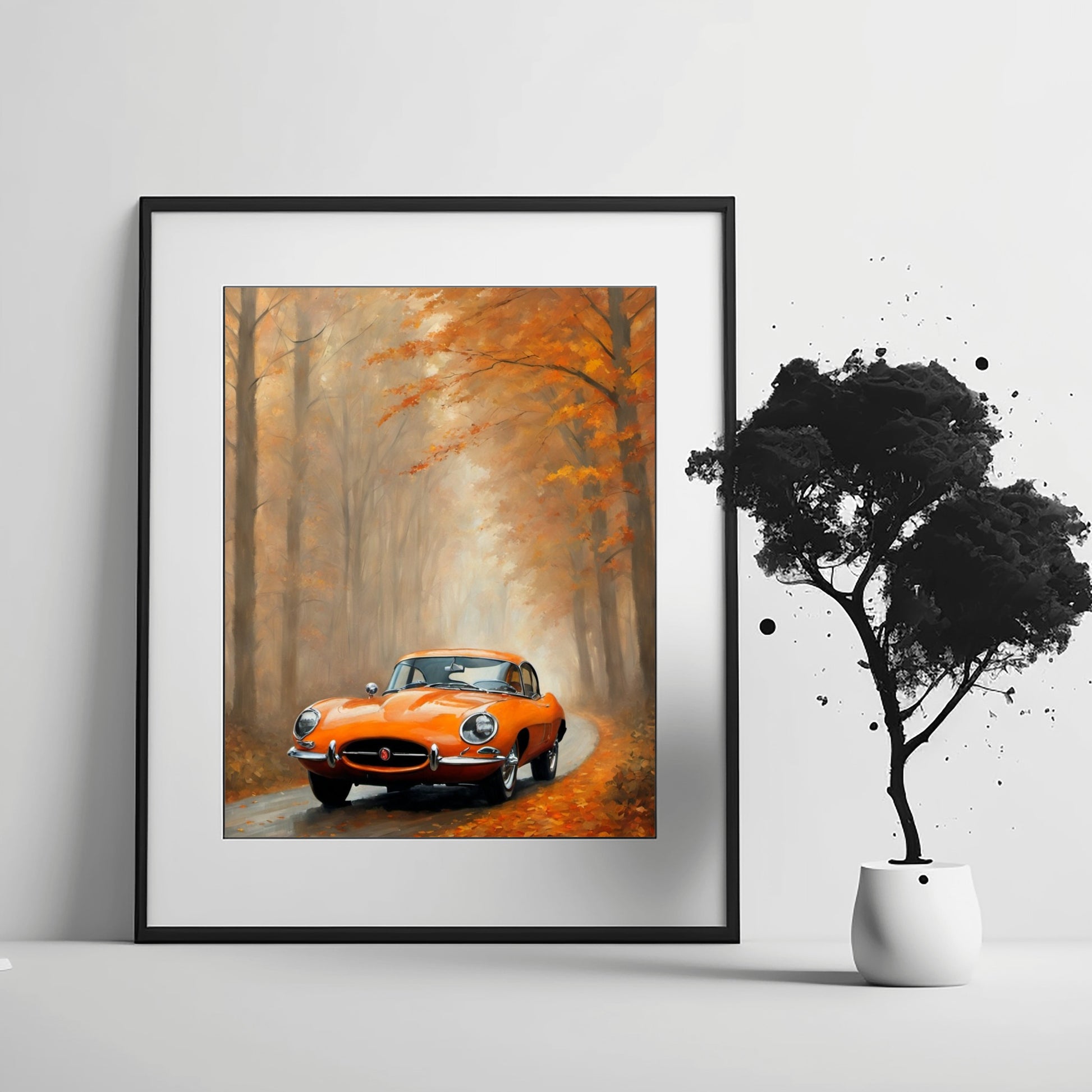 Misty road landscape artwork featuring a vintage orange car driving through autumn forest by AquilVision