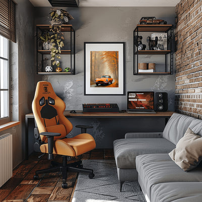 Framed misty road landscape artwork by AquilVision hanging above a modern desk with gaming chair in stylish room