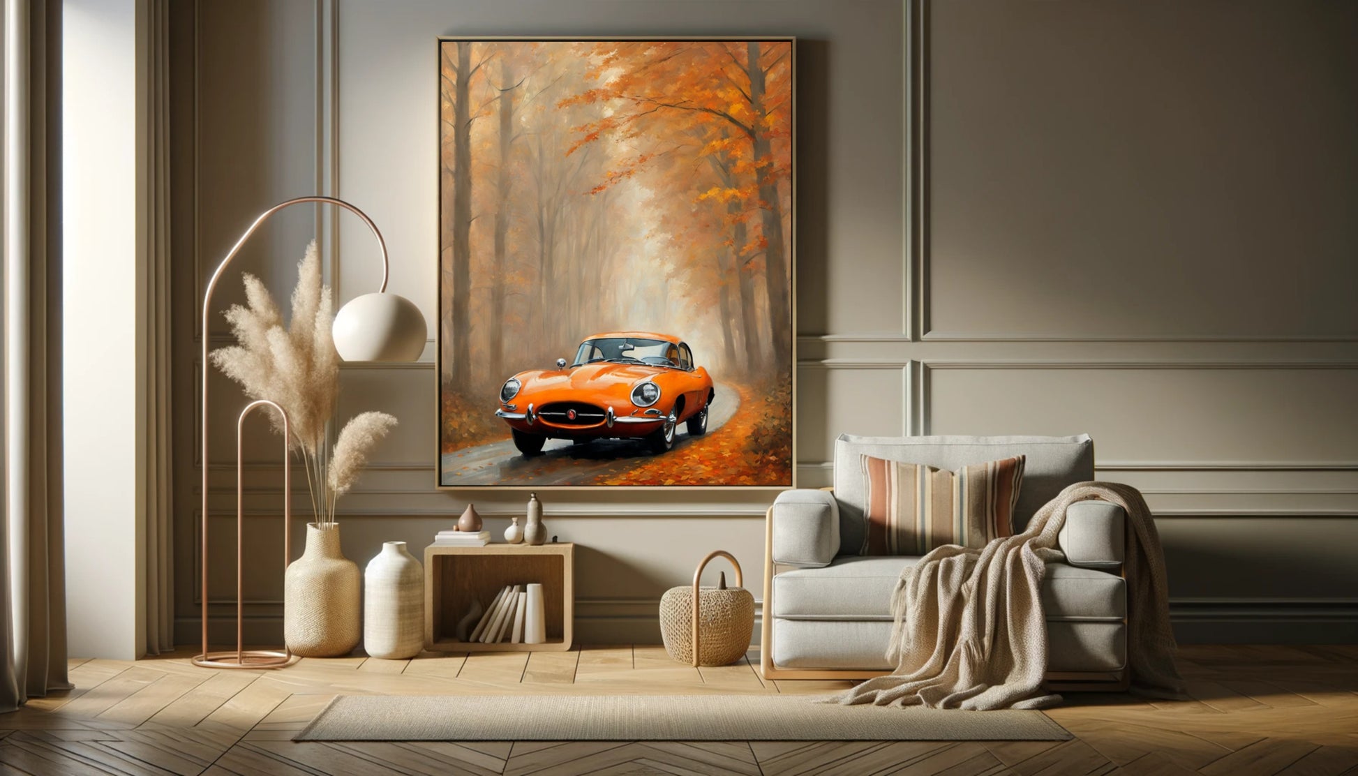Misty road landscape artwork by AquilVision featuring an orange vintage car on a foggy autumn forest path