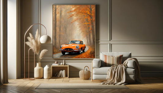 Misty road landscape artwork by AquilVision featuring an orange vintage car on a foggy autumn forest path