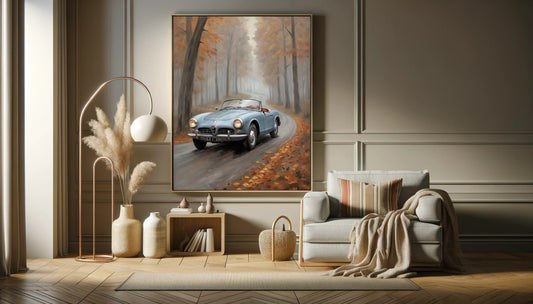 AquilVision moody forest oil painting print featuring a vintage car on a foggy autumn road in a cozy living room