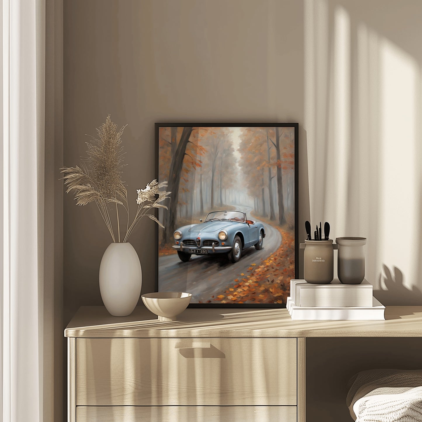 moody forest oil painting print featuring a classic car driving on a winding autumn road
