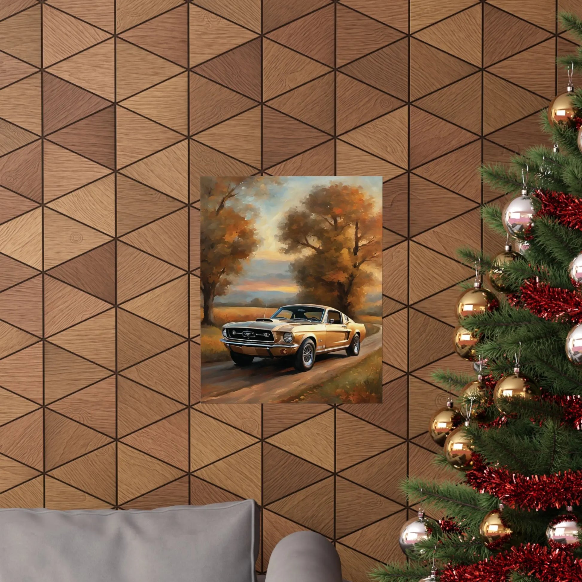 Vintage muscle car poster showcasing a golden car on a scenic road with autumn trees